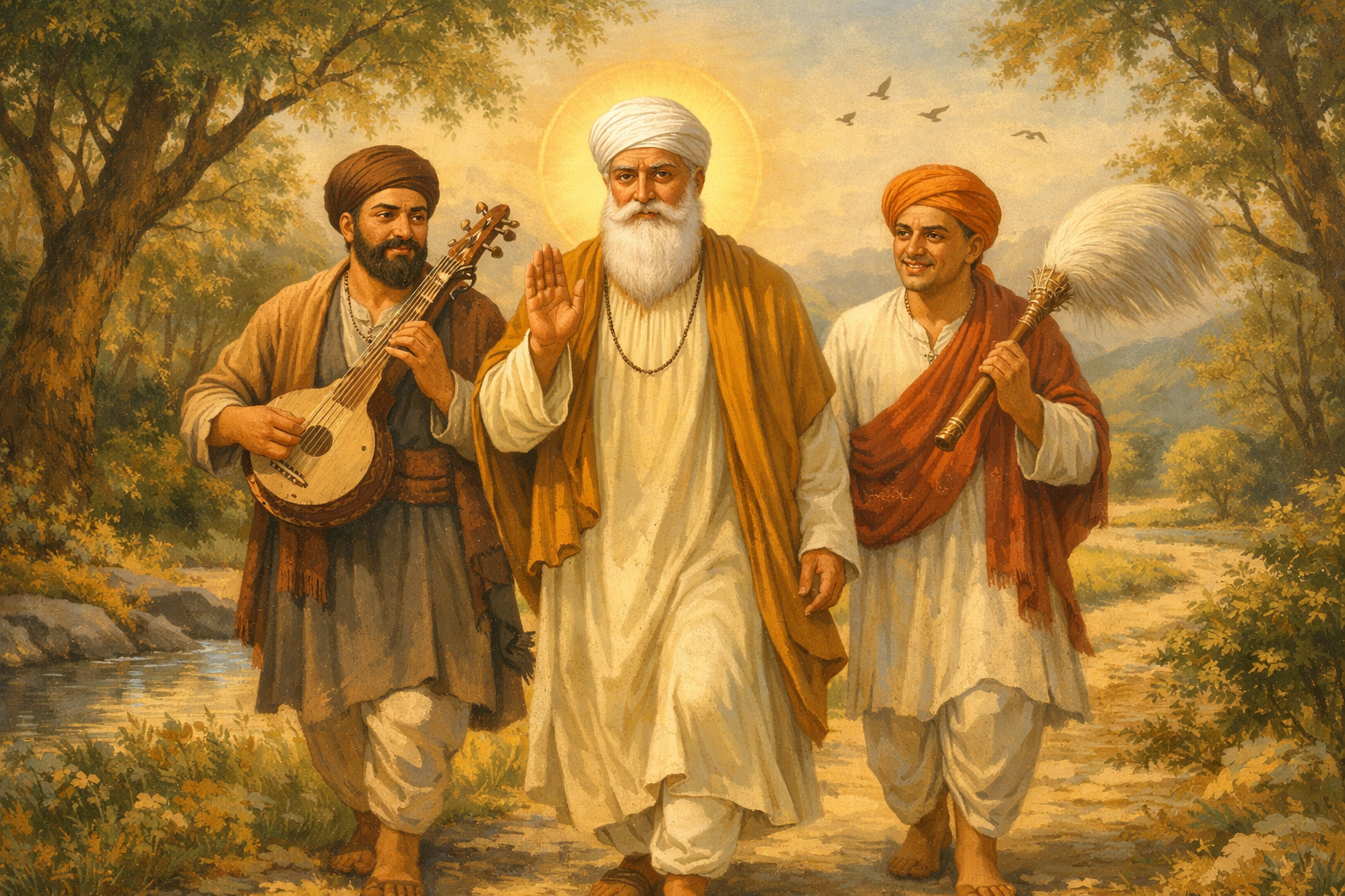 Guru Nanak Dev Ji Walking with Bhai Bala and Bhai Mardana